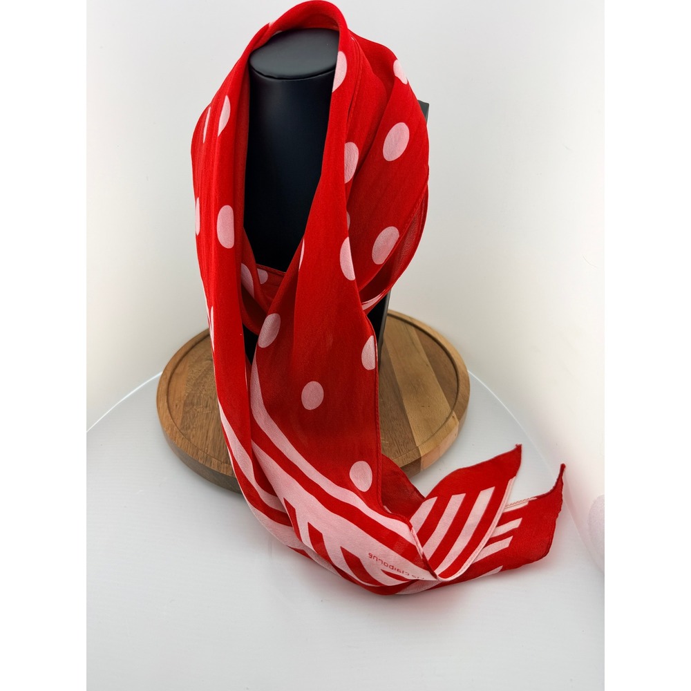 Vintage Liz Claiborne Red White Polka Dot Striped 100% Silk Scarf Japan